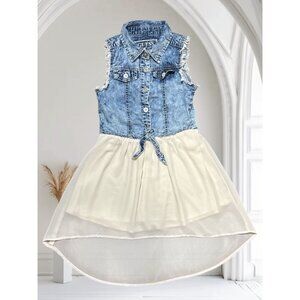 Guess Girls Size 8 Denim Chiffon Sleeveless Dress With Tie Waist & Frayed Edges